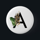 Badge Rond 5 Cm LETTRE Feuille Tropicale Faux Gold Foil A Monogram<br><div class="desc">LETTRE D'HUILE D'OR Faux Feuille Tropical Bouton D'Épingle Monogramme | Bouton Boho monogramme avec feuilles tropicaux aquarelle avec un faux accent de feuille d'or. Ce bouton tropical est parfait pour l'été. Cette conception est disponible dans d'autres éléments.</div>