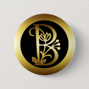 BADGE ROND 5 CM LETTRE FLORALE B DE MONOGRAMME D'OR