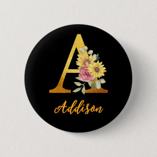 Badge Rond 5 Cm Lettre florale dorée A Monogramme Cadeau de mariag