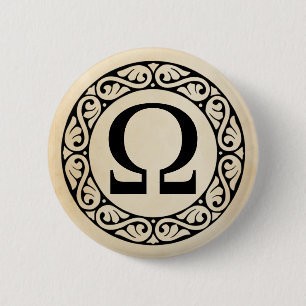 BADGE ROND 5 CM LETTRE GRECQUE ALPHABET OMÉGA