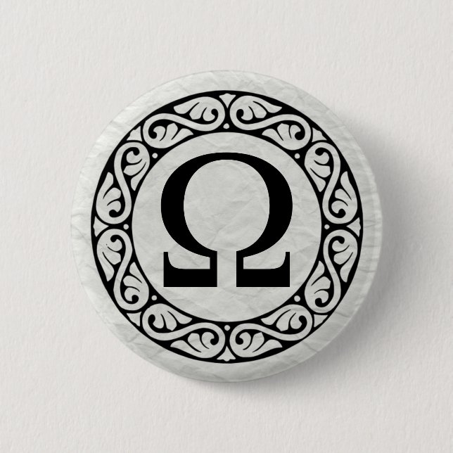 BADGE ROND 5 CM LETTRE GRECQUE ALPHABET OMÉGA (Devant)