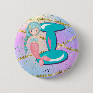 Badge Rond 5 Cm Lettre I Monogramme Aquarelle mignonne Sirène