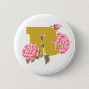 Badge Rond 5 Cm Lettre initiale du Rose floral Monogramme Nom Coup