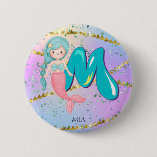 Badge Rond 5 Cm Lettre M Monogramme Aquarelle mignonne Sirène