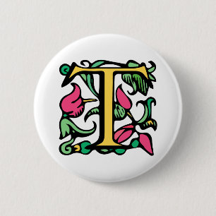 Badge Rond 5 Cm Lettre médiévale T de monogramme