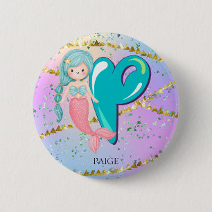 Badge Rond 5 Cm Lettre P Monogramme Aquarelle mignonne Sirène
