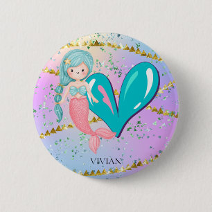 Badge Rond 5 Cm Lettre V Monogramme Aquarelle mignonne Sirène