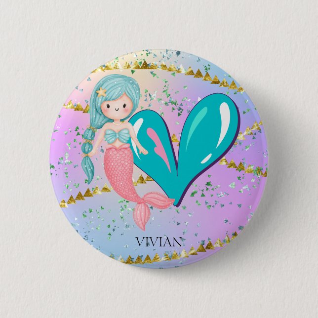Badge Rond 5 Cm Lettre V Monogramme Aquarelle mignonne Sirène (Devant)