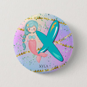 Badge Rond 5 Cm Lettre X Monogramme Aquarelle mignonne Sirène