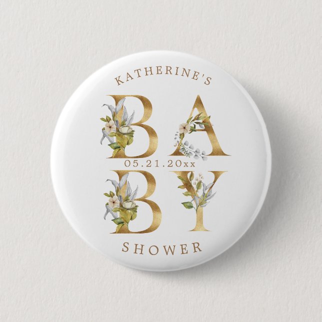 Badge Rond 5 Cm lettres florales or baby shower bouton monogramme (Devant)
