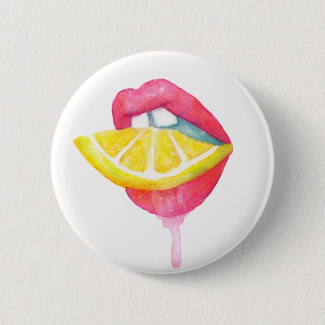 Badge Rond 5 Cm Lèvre d'aquarelle et bouton de citron (Devant)