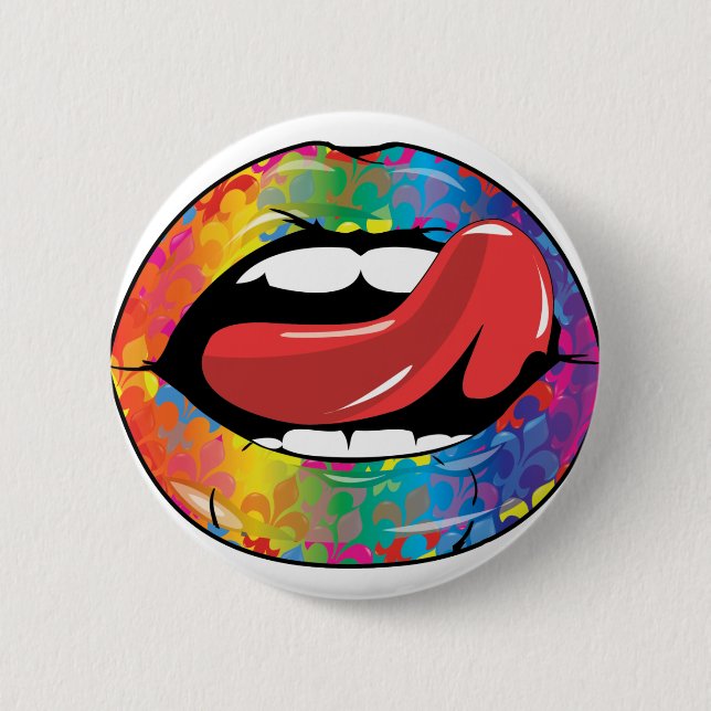 Badge Rond 5 Cm Lèvres de Fleur De Rainbow Licking (Devant)