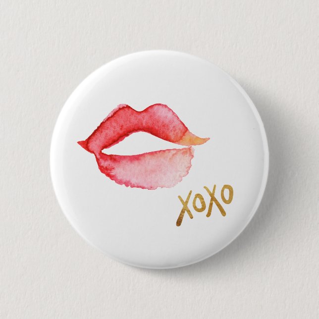 Badge Rond 5 Cm Lèvres et feuille d'or XOXO d'aquarelle (Devant)