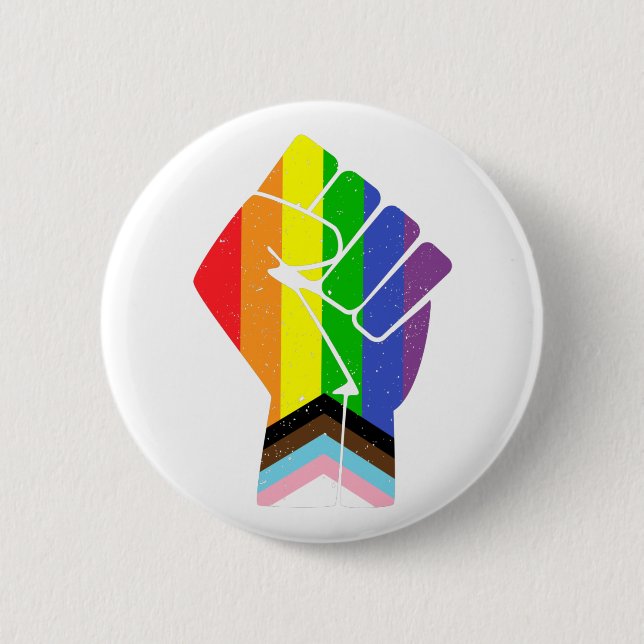 Badge Rond 5 Cm LGBT Pride (Progrès) Drapeau avec poing levé (Devant)