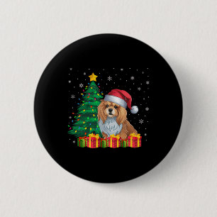 Badge Rond 5 Cm Lhasa Apso Santa Hat Feux de Noël Chien Lov