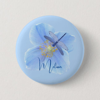Badge Rond 5 Cm Libellule sur bouton de Pavot Bleu