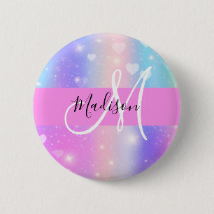 Badge Rond 5 Cm Licorne Arc-en-Ciel Cœurs Monogramme Féminin Color