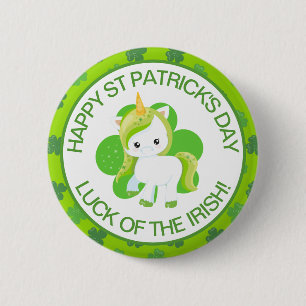 Badge Rond 5 Cm Licorne Chanceuse Irlandaise Verte Souriant et Trè