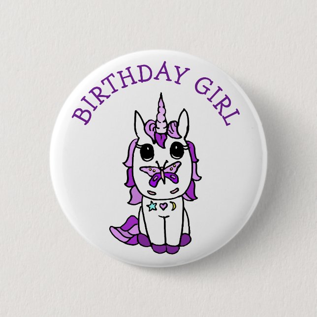 Badge Rond 5 Cm Licorne Fille d'anniversaire Violet (Devant)