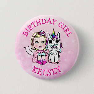 Badge Rond 5 Cm Licorne rose et fée fille d'anniversaire