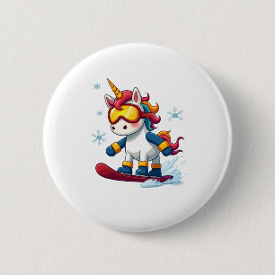 Badge Rond 5 Cm Licorne sur Snowboard - Ski drôle et sports d'hive