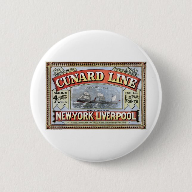 Badge Rond 5 Cm Ligne affiche de Cunard de New York Liverpool (Devant)