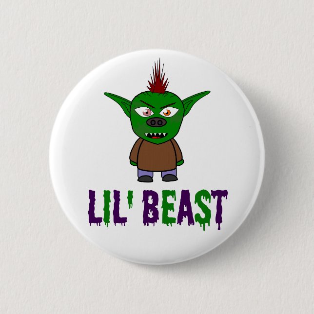 Badge Rond 5 Cm Lil' Beast Goblin violet et vert goutte police (Devant)