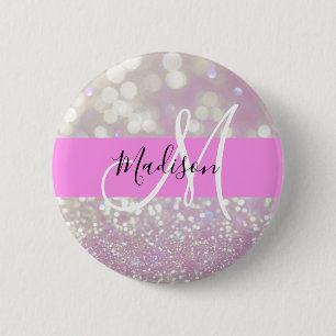 Badge Rond 5 Cm Lilac Girly Pailleté Strass Monogramme Nom