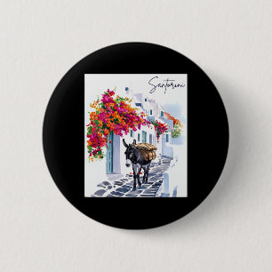 Badge Rond 5 Cm L'Île Grecque Santorin Donkey Dans Le Grec Traditi