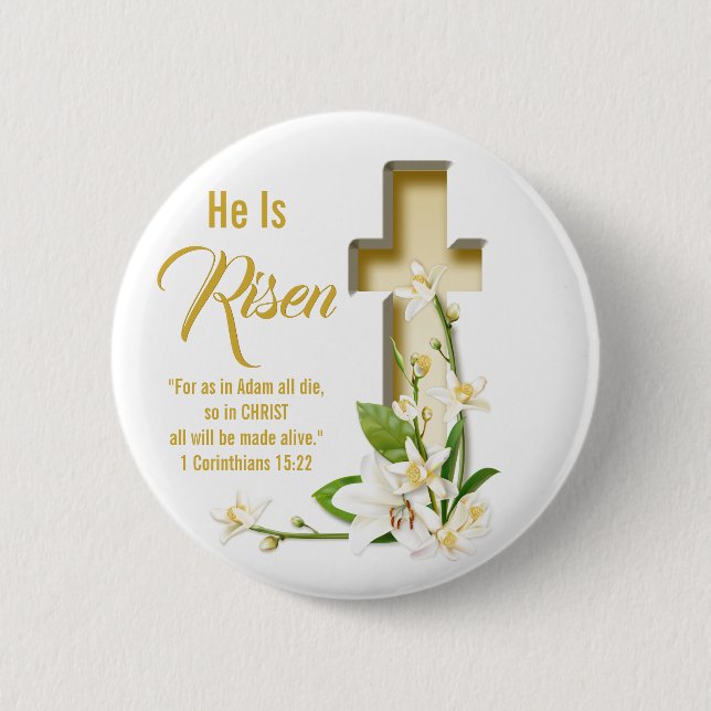 Badge Rond 5 Cm Lily Cross Écriture Il Est Ressuscité (Devant)