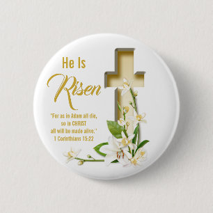 Badge Rond 5 Cm Lily Cross Écriture Il Est Ressuscité