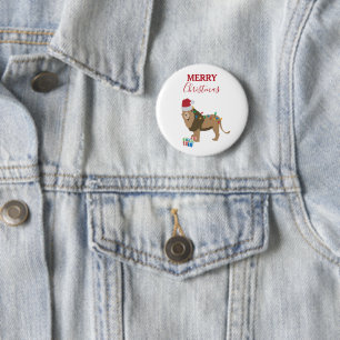 Badge Rond 5 Cm Lion de Noël animal drôle avec chapeau de Père Noë