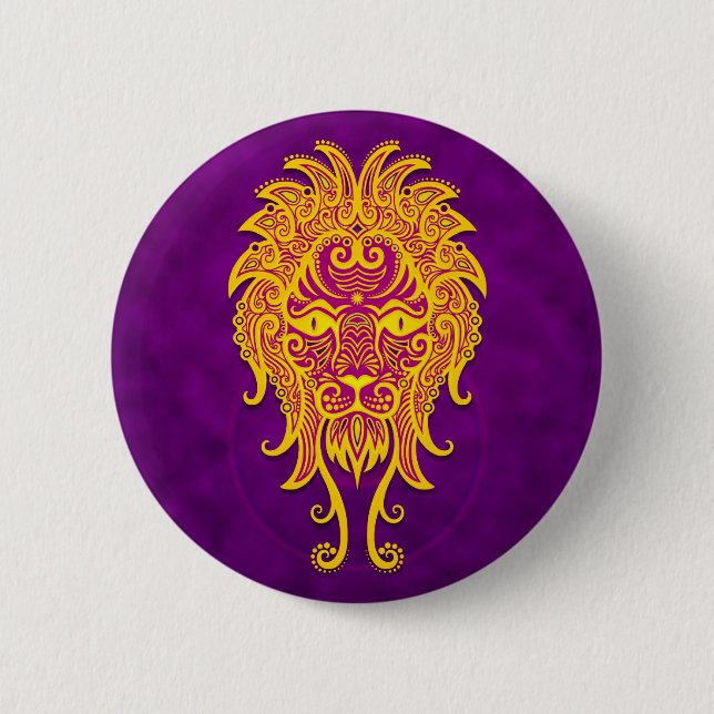 Badge Rond 5 Cm Lion tribal pourpre et jaune complexe (Devant)