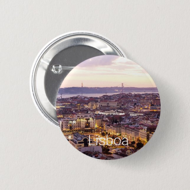 Badge Rond 5 Cm Lisbonne Portugal Sunset Skyline Cityscape Souveni (Devant & derrière)