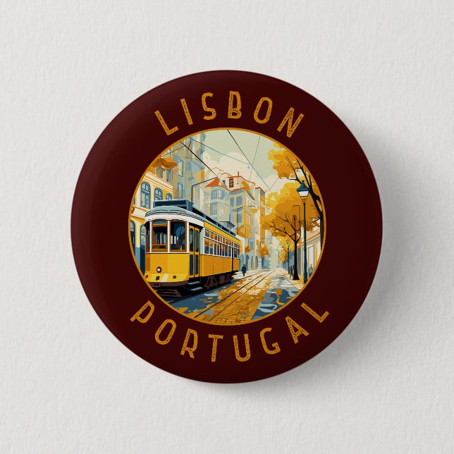 Badge Rond 5 Cm Lisbonne Portugal Tramway Jaune Rétro (Devant)