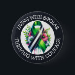 Badge Rond 5 Cm Living with Bipolar | Thriving with Courage<br><div class="desc">Buttons to help spread awareness for Bipolar Disorder with a black,  white and green striped awareness ribbon with an inspirational quote.</div>