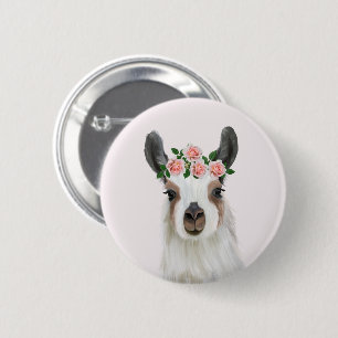 Badge Rond 5 Cm Llama Fluffée Cute Avec Couronne Fleur Rose Rose