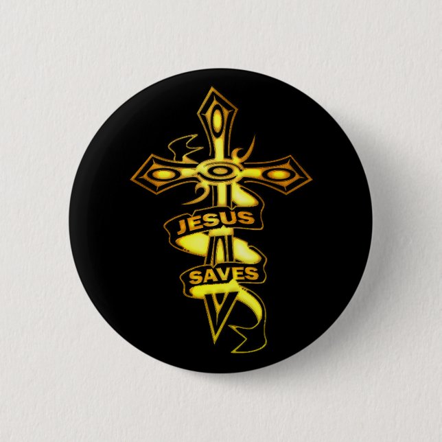BADGE ROND 5 CM L'OR JÉSUS SAUVE LA CROIX (Devant)