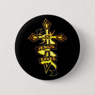 BADGE ROND 5 CM L'OR JÉSUS SAUVE LA CROIX