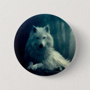 Badge Rond 5 Cm Loup blanc dans la forêt nocturne
