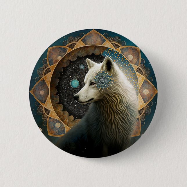 Badge Rond 5 Cm Loup blanc Mandala (Devant)