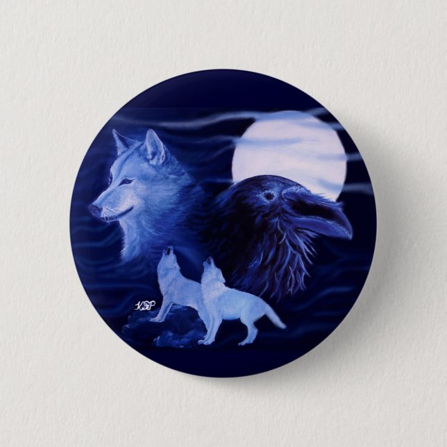 Badge Rond 5 Cm Loup et corbeau avec pleine lune (Devant)