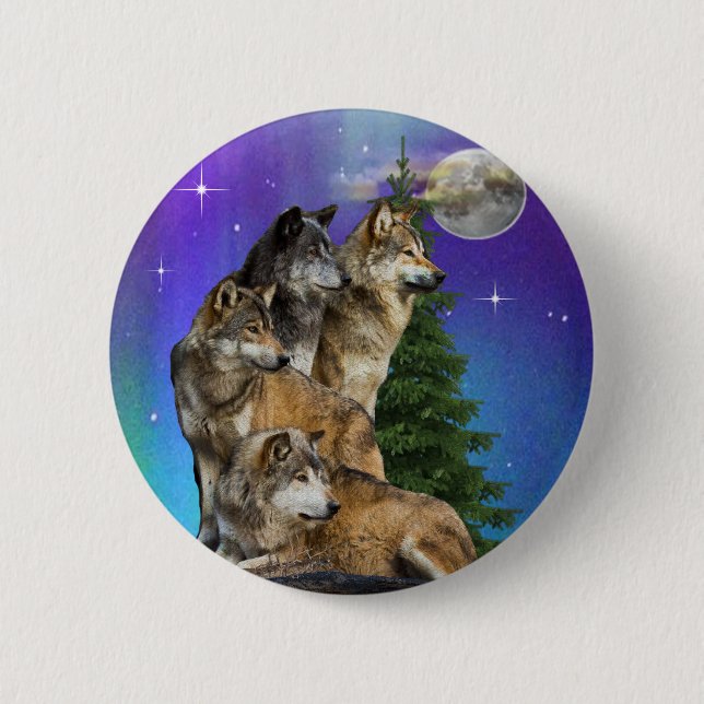 Badge Rond 5 Cm Loup et lune (Devant)