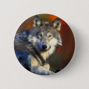 Badge Rond 5 Cm Loup gris, photo numérique d'espèce menacée