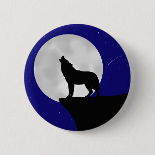 Badge Rond 5 Cm Loup hurlant à la lune