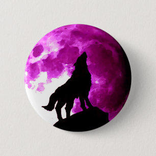 Badge Rond 5 Cm Loup hurlant à la lune