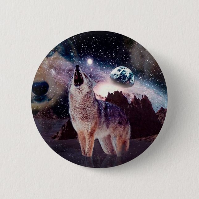 Badge Rond 5 Cm Loup hurlant à travers l'univers (Devant)