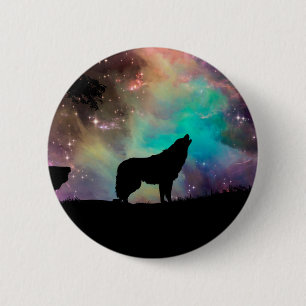 Badge Rond 5 Cm Loup hurlant dans l'univers