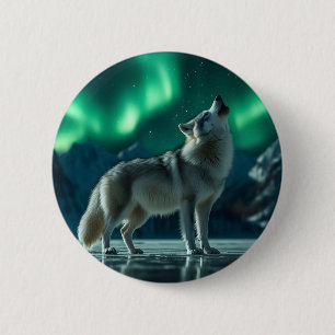 Badge Rond 5 Cm Loup hurlant sous les aurores boréales
