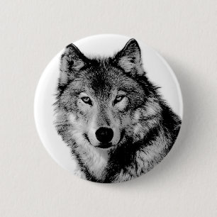 Badge Rond 5 Cm Loup noir et blanc